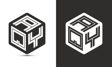 AQY harf logo tasarımı illüstratör küp logosu, vektör logosu modern alfabe yazı tipi çakışma stili. Birinci sınıf iş logosu simgesi. Siyah arkaplanda beyaz renk