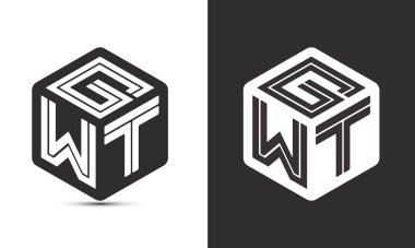 GWT harf logosu tasarımı illüstratör küp logosu, vektör logosu modern alfabe yazı tipi çakışma stili. Birinci sınıf iş logosu simgesi. Siyah arkaplanda beyaz renk