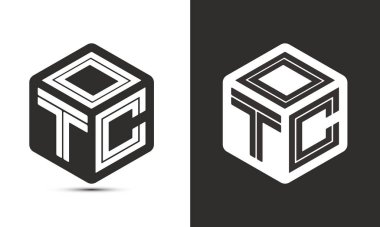 Çizer küp logosuna sahip OTC harf logosu tasarımı, vektör logosu modern alfabe yazı tipi çakışma stili. Birinci sınıf iş logosu simgesi. Siyah arkaplanda beyaz renk