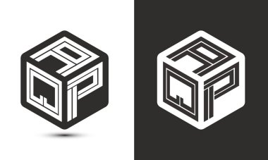 AQP harf logo tasarımı illüstratör küp logosu, vektör logosu modern alfabe yazı tipi çakışma stili. Birinci sınıf iş logosu simgesi. Siyah arkaplanda beyaz renk
