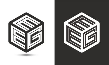 Grafik kübü logosuna sahip EEG harfi logosu tasarımı, vektör logosu modern alfabe yazı tipi çakışma stili. Birinci sınıf iş logosu simgesi. Siyah arkaplanda beyaz renk