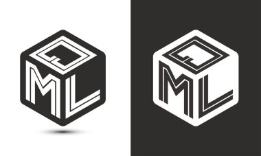 Çizer küp logosu olan QML harf logosu tasarımı, vektör logosu modern alfabe yazı tipi çakışma stili. Birinci sınıf iş logosu simgesi. Siyah arkaplanda beyaz renk