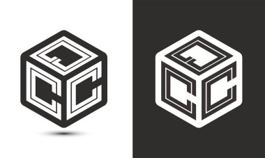Çizer küp logosuna sahip QCC harf logosu tasarımı, vektör logosu modern alfabe yazı tipi çakışma stili. Birinci sınıf iş logosu simgesi. Siyah arkaplanda beyaz renk