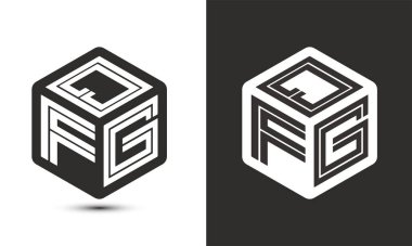 Çizer küp logosuna sahip QFG harf logosu tasarımı, vektör logosu modern alfabe yazı tipi çakışma stili. Birinci sınıf iş logosu simgesi. Siyah arkaplanda beyaz renk