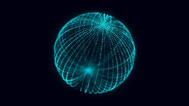 Siyah arkaplanda soyut mavi küre. Parlayan parçacıkları olan tel çerçeveli daire yapısı. Fütürist dijital illüstrasyon. 3B görüntüleme.