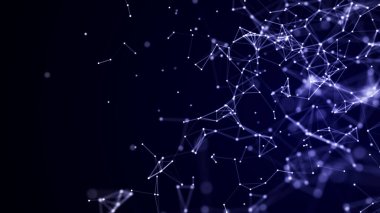 Bağlantı çizgileri, noktalar ve üçgenler olan mavi soyut bir arkaplan. Teknoloji ağı bağlantısı. Parçacıkların dijital yapısı. 3B görüntüleme.