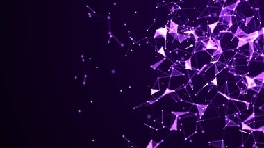 Bağlantı çizgileri, noktalar ve üçgenler olan mavi soyut bir arkaplan. Teknoloji ağı bağlantısı. Parçacıkların dijital yapısı. 3B görüntüleme.