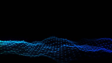 Siyah zemin üzerinde mavi ışık olan soyut dalga. Hareketli noktalı bilim geçmişi. Ağ bağlantısı teknolojisi. Parçacıklı dijital yapı. 3d oluşturma.