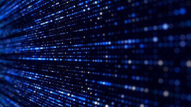 Siyah zemin üzerinde ışık olan mavi noktaların soyut yapısı. Hareket eden parçacıklarla bilim arkaplanı. Büyük verilerin dijital transferi. 3d oluşturma.