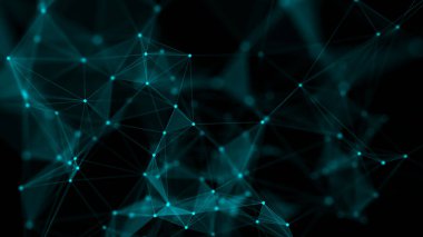 Bağlantı çizgileri, noktalar ve üçgenler olan mavi soyut bir arkaplan. Teknoloji ağı bağlantısı. Parçacıkların dijital yapısı. 3B görüntüleme.