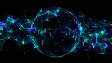 Siyah arkaplanda soyut mavi küre. Parlayan parçacıkları ve çizgileri olan tel çerçeveli daire yapısı. Fütürist dijital illüstrasyon. 3B görüntüleme.