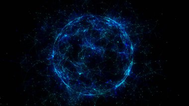 Siyah arkaplanda soyut mavi küre. Parlayan parçacıkları ve çizgileri olan tel çerçeveli daire yapısı. Fütürist dijital illüstrasyon. 3B görüntüleme.