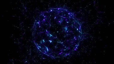 Siyah arkaplanda soyut mavi küre. Parlayan parçacıkları ve çizgileri olan tel çerçeveli daire yapısı. Fütürist dijital illüstrasyon. 3B görüntüleme.