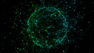 Siyah arkaplanda soyut yeşil küre. Parlayan parçacıkları ve çizgileri olan tel çerçeveli daire yapısı. Fütürist dijital illüstrasyon. 3B görüntüleme.