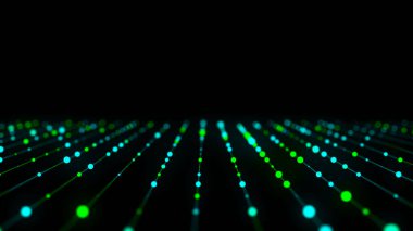 Siyah arka planda yeşil ışığı olan soyut şebeke. Hareket eden noktalar ve çizgilerle bilim geçmişi. Ağ bağlantısı teknolojisi. Parçacıklı dijital yapı. 3d oluşturma.