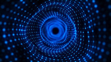 Siyah zemin üzerinde mavi ışık bulunan soyut daire hız tüneli. Noktalar ve çizgiler spiral şeklinde hareket eden bilim geçmişi. Solucan deliği teknolojisi. Parçacıklı dijital yapı. 3d oluşturma.