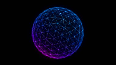 Siyah arkaplanda soyut mavi küre. Parlayan parçacıkları ve çizgileri olan tel çerçeveli daire yapısı. Fütürist dijital illüstrasyon. 3B görüntüleme.
