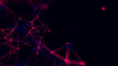 Bağlantı çizgileri, noktalar ve üçgenler olan kırmızı soyut arkaplan. Teknoloji ağı bağlantısı. Parçacıkların dijital yapısı. 3B görüntüleme.