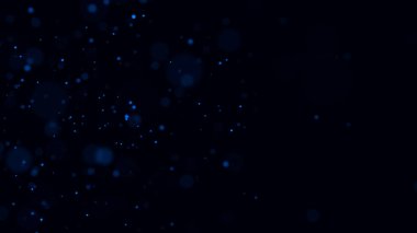 Koyu arkaplanda mavi ışık olan soyut toz parçacıkları. Hareket eden parlak noktalı bilim arkaplanı. Etkili uçan parçacıklar bokeh. 3d oluşturma.