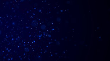 Koyu arkaplanda mavi ışık olan soyut toz parçacıkları. Hareket eden parlak noktalı bilim arkaplanı. Etkili uçan parçacıklar bokeh. 3d oluşturma.