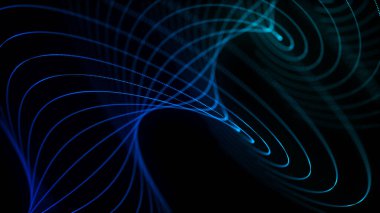 Siyah zemin üzerinde mavi ışık olan soyut bükülmüş dalga. Hareketli çizgiler ve noktalarla bilim geçmişi. Ağ bağlantısı teknolojisi. Parçacıklı dijital yapı. 3d oluşturma.