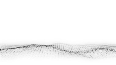 Siyah noktalı soyut dalga ve beyaz arkaplanda çizgiler. Hareketli noktalı bilim geçmişi. Ağ bağlantısı teknolojisi. Parçacıklı dijital yapı. 3d oluşturma.