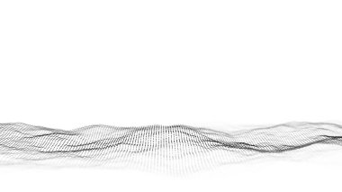 Siyah noktalı soyut dalga ve beyaz arkaplanda çizgiler. Hareketli noktalı bilim geçmişi. Ağ bağlantısı teknolojisi. Parçacıklı dijital yapı. 3d oluşturma.