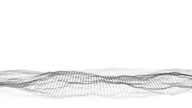 Siyah noktalı soyut dalga ve beyaz arkaplanda çizgiler. Hareketli noktalı bilim geçmişi. Ağ bağlantısı teknolojisi. Parçacıklı dijital yapı. 3d oluşturma.