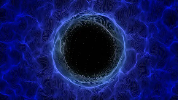 Siyah arkaplandaki dalgada soyut mavi küre. Solucan deliği ya da hız tüneli teknolojisi. Parlayan parçacıkları olan tel çerçeveli daire yapısı. Fütürist dijital illüstrasyon. 3B görüntüleme.