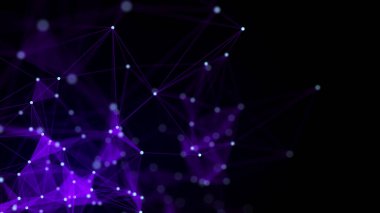 Bağlantı çizgileri, noktalar ve üçgenler olan mavi soyut bir arkaplan. Teknoloji ağı bağlantısı. Parçacıkların dijital yapısı. 3B görüntüleme.