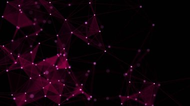 Bağlantı çizgileri, noktalar ve üçgenler olan kırmızı soyut arkaplan. Teknoloji ağı bağlantısı. Parçacıkların dijital yapısı. 3B görüntüleme.