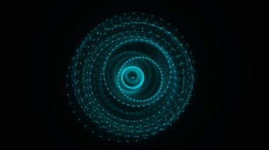 Siyah arkaplanda soyut mavi küre. Parlayan parçacıkları olan tel çerçeveli daire yapısı. Fütürist dijital illüstrasyon. 3B görüntüleme.