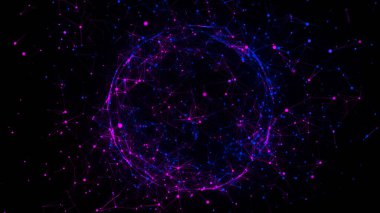 Siyah arkaplanda soyut mavi küre. Parlayan parçacıkları olan tel çerçeveli daire yapısı. Fütürist dijital illüstrasyon. 3B görüntüleme.