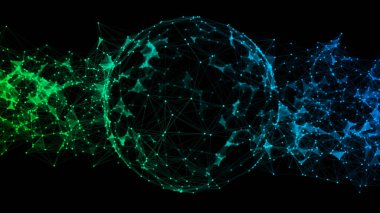 Siyah arkaplanda soyut mavi küre. Parlayan parçacıkları ve çizgileri olan tel çerçeveli daire yapısı. Fütürist dijital illüstrasyon. 3B görüntüleme.