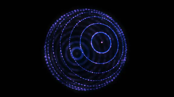 Siyah arkaplanda soyut mavi küre. Parlayan parçacıkları olan tel çerçeveli daire yapısı. Fütürist dijital illüstrasyon. 3B görüntüleme.