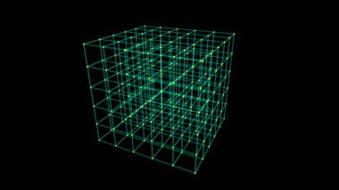 Siyah arkaplanda soyut yeşil küp. Parlayan parçacıkları ve çizgileri olan tel çerçeve kare yapı. Fütürist dijital illüstrasyon. Vektör illüstrasyonu.
