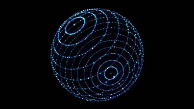 Siyah arkaplanda soyut mavi küre. Parlayan parçacıkları olan tel çerçeveli daire yapısı. Fütürist dijital illüstrasyon. Vektör illüstrasyonu.