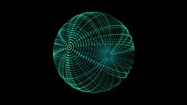 Siyah arkaplanda soyut yeşil küre. Parlayan parçacıkları olan tel çerçeveli daire yapısı. Fütürist dijital illüstrasyon. Vektör illüstrasyonu.