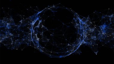Siyah arkaplanda soyut mavi küre. Parlayan parçacıkları ve çizgileri olan tel çerçeveli daire yapısı. Fütürist dijital illüstrasyon. Vektör illüstrasyonu.