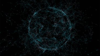 Siyah arkaplanda soyut mavi küre. Parlayan parçacıkları ve çizgileri olan tel çerçeveli daire yapısı. Fütürist dijital illüstrasyon. Vektör illüstrasyonu.