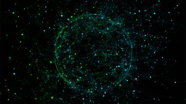 Siyah arkaplanda soyut yeşil küre. Parlayan parçacıkları ve çizgileri olan tel çerçeveli daire yapısı. Fütürist dijital illüstrasyon. Vektör illüstrasyonu.