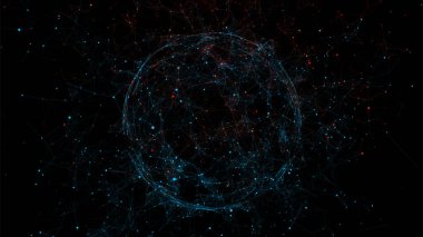 Siyah arkaplanda soyut mavi küre. Parlayan parçacıkları ve çizgileri olan tel çerçeveli daire yapısı. Fütürist dijital illüstrasyon. Vektör illüstrasyonu.