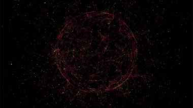 Siyah arka planda soyut ateş küresi. Parlayan parçacıkları ve çizgileri olan tel çerçeveli daire yapısı. Fütürist dijital illüstrasyon. Vektör illüstrasyonu.