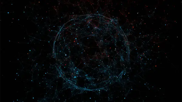 Siyah arkaplanda soyut mavi küre. Parlayan parçacıkları ve çizgileri olan tel çerçeveli daire yapısı. Fütürist dijital illüstrasyon. Vektör illüstrasyonu.