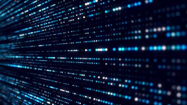 Siyah zemin üzerinde ışık olan mavi noktaların soyut yapısı. Hareket eden parçacıklarla bilim arkaplanı. Büyük verilerin dijital transferi. 3d oluşturma.