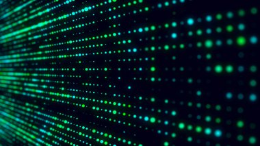 Siyah zemin üzerinde ışık olan yeşil noktaların soyut yapısı. Hareket eden parçacıklarla bilim arkaplanı. Büyük verilerin dijital transferi. 3d oluşturma.