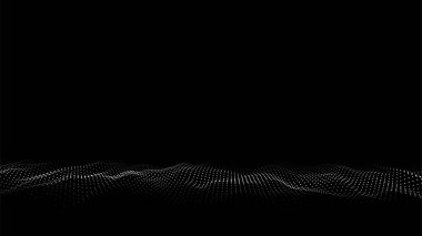 Siyah zemin üzerinde ışık olan soyut dalga. Hareket eden noktalar ve çizgilerle bilim geçmişi. Ağ bağlantısı teknolojisi. Parçacıklı dijital yapı. Vektör illüstrasyonu.