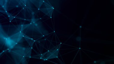 Bağlantı çizgileri, noktalar ve üçgenler olan mavi soyut bir arkaplan. Teknoloji ağı bağlantısı. Parçacıkların dijital yapısı. 3B görüntüleme.