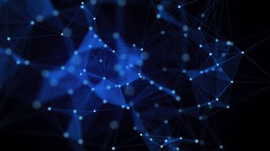 Bağlantı çizgileri, noktalar ve üçgenler olan mavi soyut bir arkaplan. Teknoloji ağı bağlantısı. Parçacıkların dijital yapısı. 3B görüntüleme.