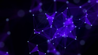 Bağlantı çizgileri, noktalar ve üçgenler olan mavi soyut bir arkaplan. Teknoloji ağı bağlantısı. Parçacıkların dijital yapısı. 3B görüntüleme.